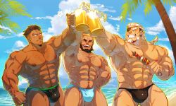 Rule 34 | 3boys, abs, absurdres, alcohol, arm hair, bara, beach, beard, beer, beer mug, black hair, black male swimwear, blonde hair, blue male swimwear, booboo (19816236), bulge, chest hair, closed eyes, cloud, commission, cup, eyepatch, facial hair, food, goatee, highres, holding, holding food, large pectorals, male focus, male swimwear, mug, multiple boys, muscular, muscular male, navel, nipples, one eye covered, open mouth, original, outdoors, pectorals, scar, scar on arm, scar on leg, short hair, sky, smile, swim briefs, teeth, thick eyebrows, toasting (gesture), undercut, white hair