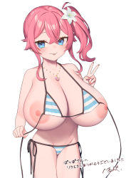 Rule 34 | 1girl, :p, bikini, blue eyes, blush, breasts, cleavage, collarbone, highres, hsuliherng, huge breasts, nail polish, navel, nipples, oppai loli, original, pink hair, side ponytail, signature, simple background, solo, striped bikini, striped clothes, swimsuit, tongue, tongue out, translation request, v, white background