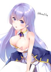 Rule 34 | 1girl, azur lane, bare shoulders, blue dress, breasts, cleavage, collar, commentary, crotch rub, detached collar, dress, female masturbation, grabbing own breast, hair between eyes, henet hene, jewelry, large breasts, long hair, masturbation, masturbation through clothes, pendant, purple eyes, purple hair, rodney (azur lane), solo, strapless, strapless dress, table humping, twitter username, very long hair, white background, white collar