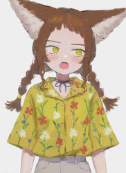 Rule 34 | 1girl, animal ear fluff, animal ears, blush, bolero (bo le ro66), brown hair, fang, green eyes, grey background, highres, long hair, mole, mole under eye, neck ribbon, open mouth, original, patterned, patterned clothing, ribbon, shirt tucked in, simple background, solo, twintails