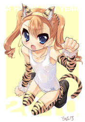 Rule 34 | 1girl, animal ears, animal print, bad id, bad pixiv id, blue eyes, blush, brown hair, detached sleeves, flat chest, kneeling, long hair, one-piece swimsuit, patterned legwear, paw pose, print thighhighs, school swimsuit, solo, sorimura youji, striped clothes, striped thighhighs, swimsuit, tail, thigh gap, thighhighs, thighs, tiger ears, tiger print, tiger tail, twintails, white one-piece swimsuit, white school swimsuit