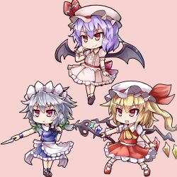 Rule 34 | 3girls, :d, apron, ascot, bat wings, black footwear, braid, brown background, chibi, closed mouth, collared shirt, commentary request, crystal, fang, flandre scarlet, full body, grey hair, hat, hat ribbon, holding, holding knife, izayoi sakuya, knife, laevatein (touhou), maid, maid headdress, mob cap, multiple girls, one side up, open mouth, purple hair, red eyes, red footwear, red ribbon, red skirt, red vest, remilia scarlet, ribbon, shirt, short hair, short sleeves, side braids, simple background, skirt, smile, socks, sumapan, touhou, twin braids, vest, waist apron, white apron, white headwear, white shirt, white skirt, white socks, wings, yellow ascot
