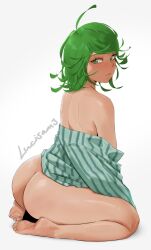 Rule 34 | 1girl, ahoge, artist name, ass, back, barefoot, blush, curly hair, feet, green eyes, green hair, highres, huge ass, japanese clothes, kimono, looking back, lucisam, off-shoulder, one-punch man, short hair, solo, tatsumaki, thick thighs, thighs, white background, wide hips