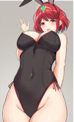 Rule 34 | 1girl, animal ears, bare shoulders, blush, breasts, covered navel, dangle earrings, earrings, fake animal ears, grey background, headpiece, highres, jewelry, large breasts, leotard, looking at viewer, noeomi, playboy bunny, pyra (xenoblade), rabbit ears, red eyes, red hair, short hair, smile, solo, strapless, strapless leotard, swept bangs, tiara, xenoblade chronicles (series), xenoblade chronicles 2