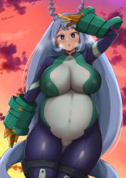 Rule 34 | 1girl, :d, absurdres, blue bodysuit, blue eyes, blue hair, bodysuit, boku no hero academia, breasts, cloud, cloudy sky, covered navel, gloves, gluteal fold, hadou nejire, hair horns, highres, huge breasts, lactation, lactation through clothes, long hair, open mouth, orange sky, pregnant, salute, sky, smile, source request, straight hair, sunset, thick thighs, thighs, very long hair, yamaori, yellow gloves