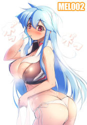 Rule 34 | 1girl, ass, blue hair, blush, breasts, butt crack, cleavage, covered erect nipples, crop top, jacket, large breasts, long hair, mel/a, melmaid, mouth hold, no pants, original, panties, red eyes, side-tie panties, simple background, solo, thong, towel, towel around neck, underwear, white background, white panties