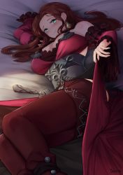 Rule 34 | 1girl, bare shoulders, bed, blush, breasts, brown hair, cleavage, closed mouth, clothes lift, corset, detached sleeves, dorothea arnault, dress, earrings, fire emblem, fire emblem: three houses, green eyes, ippers, jewelry, large breasts, long hair, looking at viewer, lying, nintendo, on side, parted bangs, red dress, red footwear, red legwear, skirt, skirt lift, smile