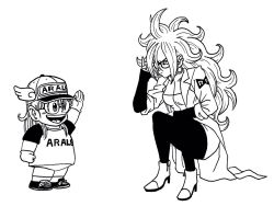 Rule 34 | 2girls, android, android 21, baseball cap, boots, breasts, creator connection, crossover, cyborg, dr. slump, dragon ball, dragon ball fighterz, earrings, female focus, glasses, glasses day, gloves, greyscale, happy, hat, hoop earrings, jewelry, lab coat, lee (dragon garou), long hair, messy hair, monochrome, multiple girls, norimaki arale, overalls, pantyhose, shirt, shorts, squatting, t-shirt, toriyama akira (style), traditional media, trait connection, waving, winged hat