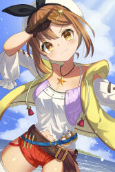 1girl absurdres atelier_(series) atelier_ryza atelier_ryza_1 bare_shoulders belt beret black_bow blue_belt blue_sky bow breasts bright_pupils brown_belt brown_eyes brown_gloves brown_hair camisole cleavage closed_mouth clover_hair_ornament commentary_request cowboy_shot detached_sleeves four-leaf_clover_hair_ornament gloves hair_ornament hairclip hand_on_own_forehead hat hat_bow highres horizon ikutu_mono index_finger_raised island jacket jewelry light_blush looking_at_viewer medium_breasts navel necklace ocean potion red_shorts reisalin_stout shorts sky sleeveless sleeveless_jacket smile solo star_(symbol) star_necklace white_camisole white_hat white_pupils white_sleeves yellow_jacket