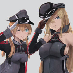 Rule 34 | 10s, 2girls, adjusting clothes, adjusting headwear, anchor hair ornament, aqua eyes, armor, armpits, bare shoulders, bismarck (kancolle), blonde hair, blue eyes, breastplate, breasts, brown gloves, detached sleeves, gloves, hair ornament, hat, irohakaede, kantai collection, large breasts, long hair, long sleeves, low twintails, military, military hat, military uniform, multiple girls, one eye closed, peaked cap, prinz eugen (kancolle), salute, sideboob, smile, twintails, uniform, white gloves