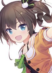 Rule 34 | 1girl, ahoge, azumi akitake, bad id, bad twitter id, black bow, blue eyes, blush, bow, breasts, brown hair, collarbone, green ribbon, hair between eyes, hair bow, hololive, jacket, looking at viewer, lowres, natsuiro matsuri, natsuiro matsuri (1st costume), open mouth, ribbon, short hair, short sleeves, side ponytail, simple background, small breasts, smile, solo, unfinished, upper body, virtual youtuber, white background