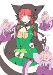 Rule 34 | 1girl, animal ears, bow, braid, cat ears, cat tail, dress, fang, fang out, green dress, hood, jyaoh0731, kaenbyou rin, multiple tails, nekomata, red eyes, red hair, scythe, smile, solo, tail, touhou, twin braids, zombie fairy (touhou)