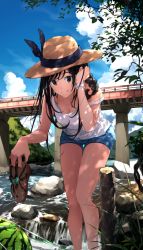 Rule 34 | 1girl, adjusting hair, bare arms, bare legs, bare shoulders, black hair, blue sky, braid, breasts, bridge, brown eyes, brown footwear, cleavage, closed mouth, cloud, dappled sunlight, day, feet out of frame, food, fruit, hand in own hair, hat, long hair, looking at viewer, maruhana, medium breasts, mountainous horizon, original, outdoors, river, rock, sandals, unworn sandals, shoes, unworn shoes, short shorts, shorts, side braid, sky, smile, solo, strap slip, sun hat, sunlight, tank top, thigh gap, wading, water, watermelon