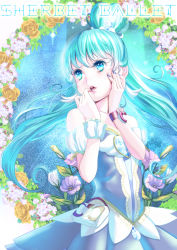 Rule 34 | 10s, 1girl, alternate form, bare shoulders, blue eyes, blue hair, brooch, cure princess, cure princess (sherbet ballet), detached sleeves, dress, flower, happinesscharge precure!, heart, heart brooch, jewelry, long hair, magical girl, matching hair/eyes, nail polish, ponytail, precure, rose, shirayuki hime, solo, tarou (kitsune kitsune), tiara, wing brooch, wrist cuffs