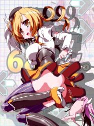 Rule 34 | 10s, 1girl, :d, ass, blonde hair, blush, boots, breasts, dance dance revolution, drill hair, elbow gloves, gloves, hat, kaname madoka, large breasts, long hair, mahou shoujo madoka magica, mahou shoujo madoka magica (anime), miuku (marine sapphire), open mouth, pink hair, skirt, smile, striped clothes, striped thighhighs, thighhighs, tomoe mami, twin drills, twintails, vertical-striped clothes, vertical-striped thighhighs, yellow eyes