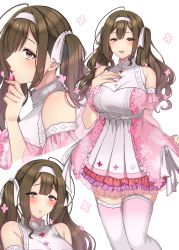 Rule 34 | 1girl, :d, antenna hair, blush, breasts, brown eyes, brown hair, cherry blossoms, dress, eryu kamemura, floral print, frills, hair ribbon, hairband, halter dress, halterneck, hand on own chest, highres, idolmaster, idolmaster shiny colors, kuwayama chiyuki, large breasts, lolita fashion, looking at viewer, multiple views, nail polish, open mouth, over-kneehighs, petals, ribbon, simple background, skindentation, sleeveless, smile, thighhighs, twintails, upper body, white background, white ribbon, white thighhighs, zettai ryouiki