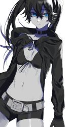 Rule 34 | 1girl, belt, belt buckle, bikini, bikini top only, black bikini, black collar, black gloves, black hair, black rock shooter, black rock shooter (character), black shorts, blue eyes, breasts, buckle, cleavage, closed mouth, collar, colored skin, cowboy shot, cup (pixiv24640228), floating hair, front-tie bikini top, front-tie top, frown, gloves, grey belt, grey skin, hair between eyes, highres, long hair, looking at viewer, midriff, navel, scar, short shorts, shorts, simple background, small breasts, solo, standing, stitches, stomach, swimsuit, twintails, very long hair, white background
