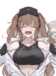 Rule 34 | 2girls, black gloves, blush, breasts, brown hair, closed eyes, closed mouth, fangs, fingerless gloves, girls&#039; frontline, gloves, goggles, goggles on head, highres, large breasts, long hair, mod3 (girls&#039; frontline), multiple girls, one eye closed, open mouth, road757, scar, scar across eye, scar on face, shirt, simple background, sketch, skin fangs, solo focus, sports bra, twintails, ump45 (girls&#039; frontline), ump45 (mod3) (girls&#039; frontline), ump9 (girls&#039; frontline), ump9 (mod3) (girls&#039; frontline), upper body, white background, white shirt
