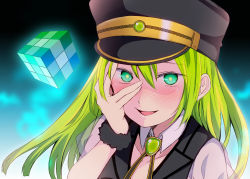 Rule 34 | 1girl, alina gray, aqua eyes, black hat, black necktie, black vest, blunt ends, blush, brooch, collar, cross tie, detached collar, fur cuffs, gem, green gemstone, green hair, hair between eyes, hat, highres, jewelry, lapels, long hair, looking at viewer, magia record: mahou shoujo madoka magica gaiden, magical girl, mahou shoujo madoka magica, multicolored hair, necktie, notched lapels, open mouth, peaked cap, puffy short sleeves, puffy sleeves, see-through, see-through sleeves, shichouson, short sleeves, sidelocks, sleeve cuffs, smile, solo, straight hair, streaked hair, v-neck, vest, white collar, white sleeves