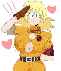 Rule 34 | 1girl, blonde hair, blue eyes, breasts, buttons, closed mouth, eyebrows, fang, gloves, heart, hellsing, highres, jacket, jinu (jinusenpai), long hair, seras victoria, simple background, smile, solo, white background