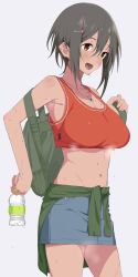 Rule 34 | 1girl, :d, absurdres, bad id, bad twitter id, black hair, bottle, breasts, brown eyes, clothes around waist, female focus, hair ornament, hairclip, highres, iwadamai, jacket, jacket around waist, jewelry, large breasts, midriff, navel, necklace, open mouth, original, short hair, simple background, skirt, smile, solo, sweat, tank top, water bottle