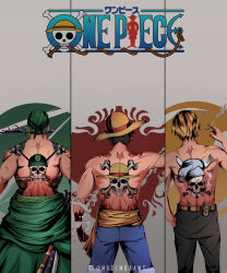 Rule 34 | 3boys, artist name, back, back tattoo, bandana, black hair, black pants, blonde hair, chef hat, cigarette, clenched hand, commentary, curly eyebrows, english commentary, green hair, hand in pocket, hat, highres, holding, instagram logo, jolly roger, logo, male focus, maximdraws, monkey d. luffy, mouth hold, multiple boys, one piece, pants, roronoa zoro, sanji (one piece), sash, short hair, skull and crossbones, smoke, straw hat, tattoo, topless, topless male, yellow sash
