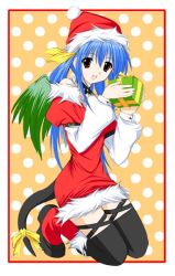 Rule 34 | 1girl, arc system works, asymmetrical wings, blue hair, bow, christmas, dizzy (guilty gear), guilty gear, hat, ribbon, santa costume, santa hat, solo, tail, tail bow, tail ornament, tail ribbon, thighhighs, wings, zettai ryouiki