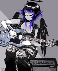 Rule 34 | 1girl, amplifier, black hair, black pants, black wings, bracelet, breasts, cleavage, collarbone, colored tips, commentary, english commentary, closed eyes, grey background, guitar, halo, highres, instrument, jewelry, kaina (megrocks), large breasts, megrocks, midriff, mole, mole on breast, multicolored hair, navel, original, pants, purple hair, short hair, solo, torn clothes, torn pants, wings