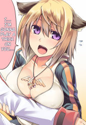 Rule 34 | 10s, 1girl, aaru (tenrake chaya), animal ears, arm grab, blonde hair, breasts, charlotte dunois, cleavage, dog ears, female focus, hard-translated, highres, infinite stratos, jewelry, kemonomimi mode, large breasts, necklace, open mouth, purple eyes, smile, solo, third-party edit, translated