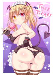 Rule 34 | 1girl, ass, blonde hair, breasts, demon girl, halloween, highres, huge ass, huge breasts, kenyu, looking at viewer, open mouth, short hair, simple background, solo, demon girl, twintails