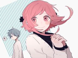 Rule 34 | 1boy, 1girl, ?, blush, cardigan, grey eyes, grey hair, long sleeves, looking back, maco22, original, own hands clasped, own hands together, pink eyes, pink hair, short hair, short hair with long locks, smile, spoken question mark, sweater