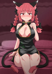 Rule 34 | 1girl, :|, absurdres, alternate costume, animal ears, black ribbon, blush, bra, braid, breasts, cat ears, cat tail, china dress, chinese clothes, chups, cleavage, closed mouth, commentary request, dress, extra ears, furrowed brow, gold trim, hair ribbon, hand on own chest, highres, kaenbyou rin, knees, large breasts, lips, long hair, looking at viewer, multiple tails, nekomata, panties, red bra, red eyes, red hair, red panties, ribbon, shiny skin, sitting, solo, sweatdrop, tail, thighs, touhou, tress ribbon, twin braids, two tails, underwear