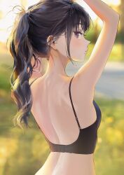 Rule 34 | 1girl, ame (uten cancel), arms up, black bra, blurry, blurry background, bra, breasts, depth of field, highres, idolmaster, idolmaster shiny colors, kazano hiori, looking at viewer, looking back, mole, mole under mouth, nape, outdoors, ponytail, profile, purple eyes, shoulder blades, small breasts, solo, underwear, upper body, wavy hair