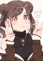 Rule 34 | + +, 1girl, bad id, bad twitter id, brown hair, dated, double bun, double v, earrings, hair bun, hair ornament, hairclip, happy birthday, heart, heart earrings, idolmaster, idolmaster shiny colors, jacket, jewelry, looking at viewer, nail polish, necklace, omaru gyuunyuu, pink nails, red eyes, short twintails, simple background, sleeveless, sleeveless turtleneck, solo, sonoda chiyoko, turtleneck, twintails, v