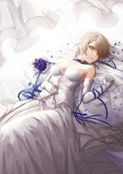 Rule 34 | 1girl, absurdres, bad id, bad pixiv id, bare shoulders, breasts, bridal veil, choker, collarbone, commentary request, curtains, dress, elbow gloves, feet out of frame, flower, from above, girls&#039; frontline, gloves, highres, kibellin, korean commentary, looking at viewer, lying, medium breasts, official alternate costume, on back, parted lips, petals, ribbon, short hair, solo, strapless, strapless dress, swept bangs, vector (ardent devotion) (girls&#039; frontline), vector (girls&#039; frontline), veil, wedding dress, white dress, white gloves, yellow eyes