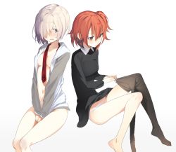 Rule 34 | 2girls, akinashi yuu, alternate costume, barefoot, between breasts, between legs, black legwear, blush, breasts, closed mouth, clothes pull, collarbone, dressing, fate/grand order, fate (series), fujimaru ritsuka (female), hair between eyes, hair over one eye, hand between legs, invisible chair, jacket, long sleeves, mash kyrielight, medium breasts, multiple girls, navel, necktie, necktie between breasts, no bra, no pants, open clothes, open jacket, orange eyes, orange hair, panties, pantyhose, pantyhose pull, pink eyes, red necktie, see-through, short hair, side ponytail, silver hair, simple background, sitting, small breasts, smile, stomach, sweatdrop, tareme, track jacket, underwear, undone necktie, v arms, white background, white jacket, white panties, wing collar