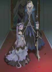 Rule 34 | 1boy, 1girl, absurdres, arm garter, beard, black coat, black footwear, black pants, blonde hair, blue eyes, boots, bright pupils, brynhildr (fate), carpet, coat, collar, dress, facial hair, fate/grand order, fate (series), frilled collar, frills, full body, fur-trimmed coat, fur-trimmed sleeves, fur trim, gloves, hairband, halo, height difference, highres, holding, holding polearm, holding weapon, indoors, kitou saji, layered dress, legs apart, lolita hairband, long hair, looking at viewer, looking to the side, pants, parted bangs, parted lips, petals, pink eyes, polearm, portrait (object), purple hair, rose petals, shawl, smile, standing, stheno (fate), stole, strapless, strapless dress, sweater, twintails, very long hair, vlad iii (fate/apocrypha), waist cape, weapon, white collar, white dress, white gloves, white pupils, white sweater