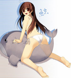 Rule 34 | 1girl, ahoge, arima senne, ass, barefoot, bent over, bikini, blush, breasts, brown hair, feet, from behind, glasses, inflatable toy, inflatable whale, kashiwamochi yomogi, long hair, looking at viewer, looking back, medium breasts, open mouth, original, red eyes, side-tie bikini bottom, smile, soles, solo, striped, striped background, swimsuit, toes, wet, white background, white bikini
