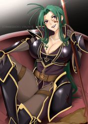 Rule 34 | 1girl, armor, black armor, black gloves, blood, blood on face, boots, breast tattoo, breasts, cleavage, earrings, fire emblem, fire emblem: path of radiance, full body, gloves, green hair, highres, holding, holding polearm, holding weapon, jewelry, large breasts, lipstick, long hair, looking at viewer, makeup, nintendo, open mouth, petrine (fire emblem), plunging neckline, polearm, purple eyes, sitting, solo, spear, tattoo, vialnite, weapon