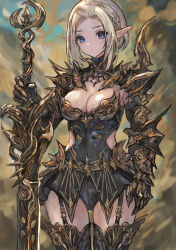 Rule 34 | 1girl, absurdres, armor, armored boots, armored skirt, blonde hair, blue eyes, boots, breasts, elf, garter straps, gauntlets, highres, holding, holding sword, holding weapon, looking at viewer, medium breasts, original, pointy ears, sabamiso taro, short hair, shoulder armor, solo, standing, sword, thigh boots, weapon