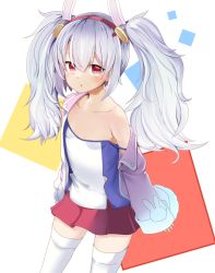 Rule 34 | 1girl, :o, animal ears, azur lane, bare shoulders, camisole, collarbone, commentary request, eyebrows hidden by hair, fur-trimmed jacket, fur trim, hair between eyes, hairband, highres, jacket, laffey (azur lane), long hair, long sleeves, looking at viewer, off shoulder, open clothes, open jacket, parted lips, pink jacket, pleated skirt, rabbit ears, red eyes, red hairband, red skirt, silver hair, skirt, sleeves past wrists, solo, strap slip, takara akihito, thighhighs, twintails, white camisole, white thighhighs, wide sleeves