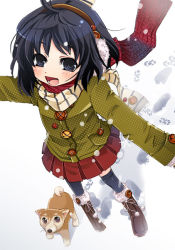 Rule 34 | 1girl, black eyes, black hair, black thighhighs, blush, boots, brown footwear, coat, dog, earmuffs, footprints, foreshortening, from above, fur, green jacket, jacket, kaisanbutsu, long sleeves, looking at another, looking at viewer, miniskirt, open mouth, outstretched arms, pleated skirt, red skirt, scarf, short hair, skirt, smile, snow, solo, standing, thighhighs, walking