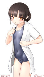 Rule 34 | 1girl, braid, braided bun, brown eyes, brown hair, collarbone, cowboy shot, dated, flat chest, hair bun, kantai collection, long hair, looking at viewer, one-hour drawing challenge, ray.s, school swimsuit, swimsuit, swimsuit under clothes, twitter username, un&#039;you (kancolle), white background, yawata maru (kancolle)