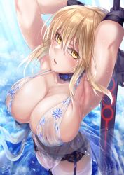 Rule 34 | 1girl, alternate breast size, armpits, artoria pendragon (all), artoria pendragon (fate), artoria pendragon (lancer alter) (fate), artoria pendragon (lancer alter) (fate) (cosplay), artoria pendragon (lancer alter) (royal icing) (fate), artoria pendragon (lancer alter) (royal icing) (fate) (cosplay), babydoll, bare shoulders, black panties, blonde hair, blush, breasts, choker, cleavage, cosplay, craft essence (fate), excalibur morgan (fate), fate/stay night, fate (series), garter belt, gloves, highres, hirasawa seiji, holding, holding sword, holding weapon, jewelry, large breasts, lingerie, long hair, looking at viewer, official alternate costume, panties, revealing clothes, saber alter, see-through, signature, solo, sword, thighhighs, underwear, wading, weapon, yellow eyes