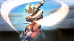 Rule 34 | 1girl, armor, bikini armor, blurry, blurry background, bouncing breasts, breasts, closed mouth, dark skin, dark-skinned female, day, elf, female focus, fighting stance, game cg, gauntlets, green hair, groin, hair over one eye, huracan, knife, kyonyuu onna senshi dogeza saimin, large breasts, legs, looking at viewer, magic, navel, original, outdoors, outstretched arms, pointy ears, short hair, shoulder pads, sky, smile, solo, thighhighs, thighs, viola auris, yellow eyes