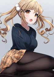Rule 34 | 1girl, absurdres, bang dream!, black pantyhose, blue sweater, blush, breasts, brown eyes, brown hair, brown skirt, commentary, grey background, hair ornament, highres, ichigaya arisa, long hair, long sleeves, looking at viewer, medium breasts, no shoes, noshimurin, open mouth, pantyhose, plaid, plaid skirt, pom pom (clothes), pom pom hair ornament, simple background, skirt, solo, sweater, twintails, x hair ornament
