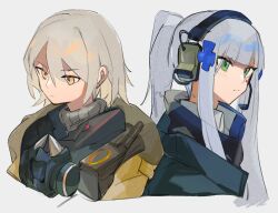 Rule 34 | 2girls, agent 416 (girls&#039; frontline), agent vector (girls&#039; frontline), back-to-back, blush, chesed (uporyz), commentary request, expressionless, facial mark, girls&#039; frontline, green eyes, grey background, grey hair, hair ornament, headset, highres, hk416 (girls&#039; frontline), jacket, light brown hair, long hair, mask, mask around neck, multiple girls, ponytail, sidelocks, simple background, tom clancy&#039;s the division, upper body, vector (girls&#039; frontline), yellow eyes
