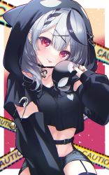Rule 34 | 1girl, absurdres, animal hood, black hair, blush, breasts, caution tape, earrings, hair ornament, highres, hololive, hood, jewelry, komachi (gao 13), looking at viewer, multicolored hair, orca hood, red background, red eyes, sakamata chloe, silver hair, solo, streaked hair, tongue, tongue out, virtual youtuber, x hair ornament