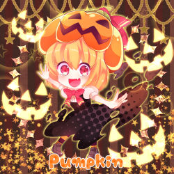 Rule 34 | 1girl, :d, absurdres, black dress, blonde hair, bow, chibi, dress, english text, fang, full body, halloween, highres, jack-o&#039;-lantern, loafers, looking at viewer, open mouth, orange legwear, outstretched arms, pantyhose, puffy short sleeves, puffy sleeves, pumpkin hat, ratto (mobilis 1870), red bow, red eyes, rumia, shirt, shoes, short hair, short sleeves, smile, solo, spread arms, star (symbol), starry background, striped background, striped clothes, striped legwear, striped pantyhose, touhou, white shirt