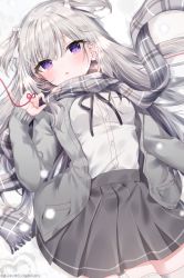 Rule 34 | 1girl, :o, black ribbon, bow, breasts, commentary request, fringe trim, grey hair, grey jacket, grey scarf, grey skirt, hair between eyes, hair bow, jacket, long sleeves, lying, mafuyu (chibi21), medium breasts, neck ribbon, on back, open clothes, open jacket, original, parted lips, plaid, plaid scarf, pleated skirt, purple eyes, ribbon, scarf, shirt, skirt, snow, snowing, solo, string, string around finger, string of fate, two side up, white bow, white shirt